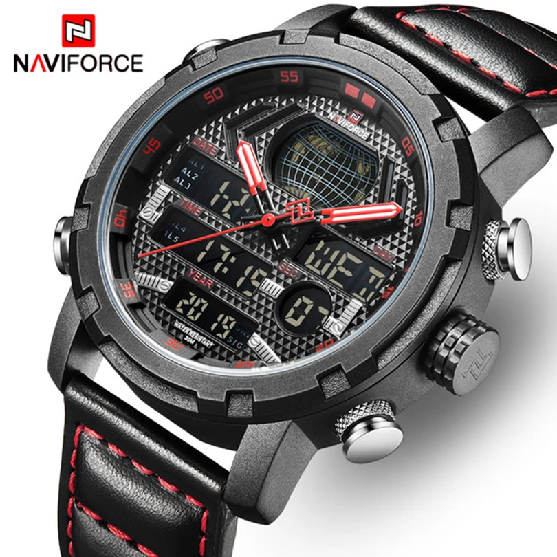 NAVIFORCE Мужские кварцевые часы Топ бренд Роскошный кожаный ремешок двойной Дисплей