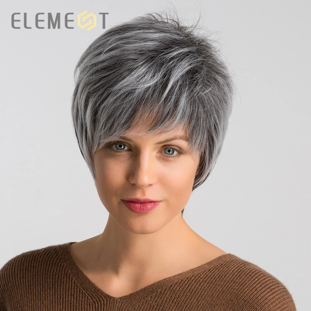 ELEMENT Peluca de cabello sintético para mujeres blancas y negras, pelo corto y liso de 6 Color y gris mezclado, línea de pelo Natural, para trabajo fiesta|Pelucas sintéticas sin