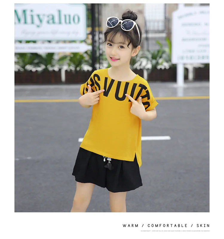 Summer Children Clothing Sets For Girls 2019 Fashion Letter Print Tshirts Tops Shorts Teenage Clothes 2Pcs Kids Suit 10 12 Years (9)