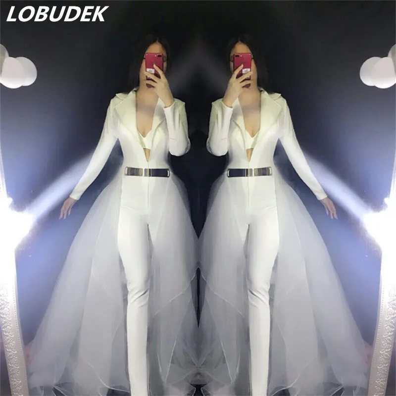 

White Solid Jumpsuit Nightclub Female singer Stage costumes Bar Prom jazz DJ performance clothes Rompers Leading dance Costume