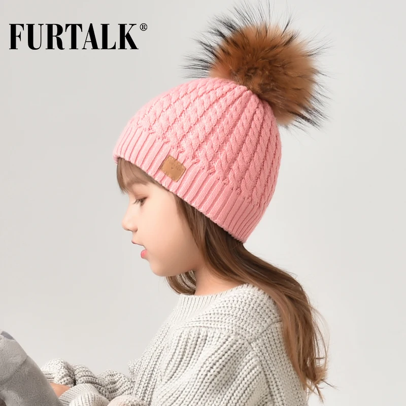 

FURTALK Real Fur Pompom Children Hat Winter Knitted Girls Hats Beanie Caps for Boys CH014