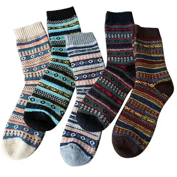 

Men 5 Pairs Winter Vintage Color Block Thick Warm Elastic Middle Tube Socks Hot