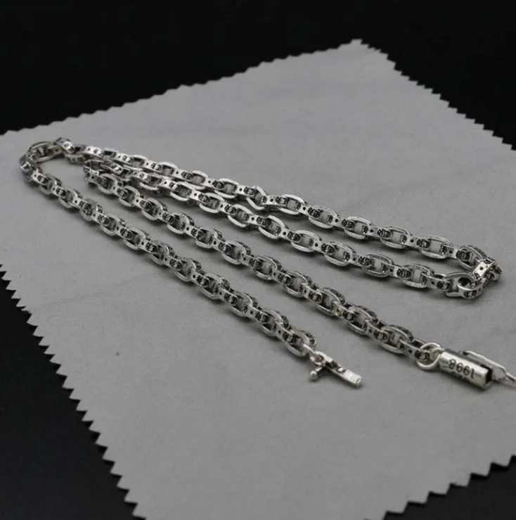 

S925 Sterling Silver Personality Long Chain Letter Chain Sweater Chain Retro Thai Silver Necklace Clavicle Chain Wild Fashion