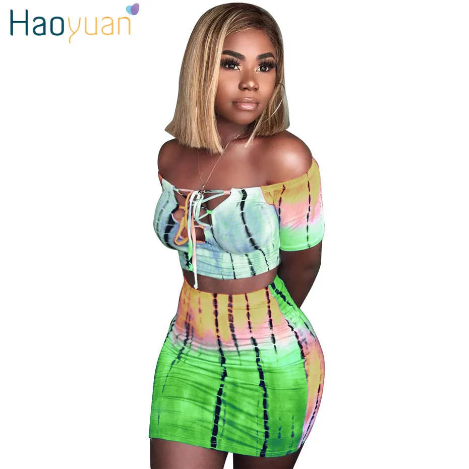 HAOYUAN, сексуальное пляжное платье из двух частей размера плюс, с завязками, с открытыми плечами, бохо, облегающее Бандажное платье, женское летнее мини-платье для вечеринок - Цвет: Зеленый