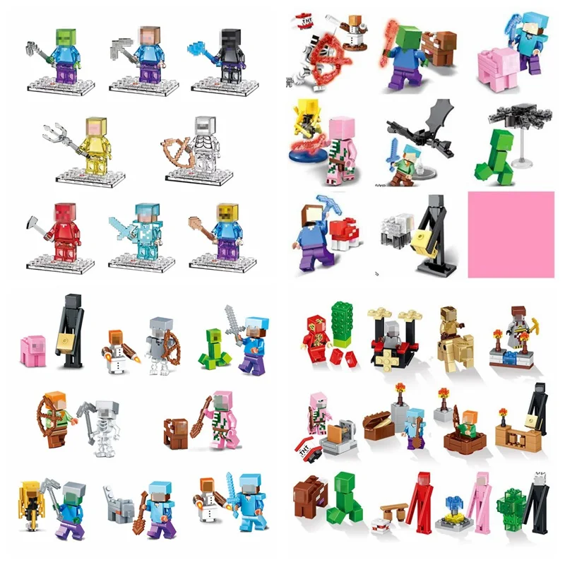 Mine World font b Minecrafted b font Minifigures Zombie Steve Pigman Alex Enderman Skeleton Building Blocks