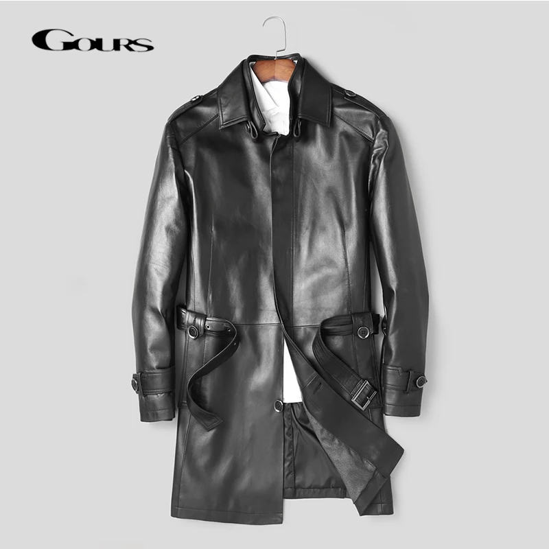 

Gours Men's Winter Genuine Leather Jackets Fashion Brand Male Clothing Black Sheepskin Long Coats New Arrival Plus Size HSMP002