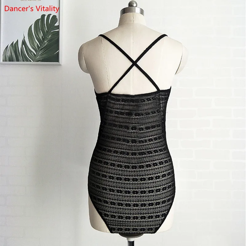 

New Women Latin Bodysuit Belly Dance Tops Latin Dance Costume Jumpsuits Water Yarn + Lace Top Black