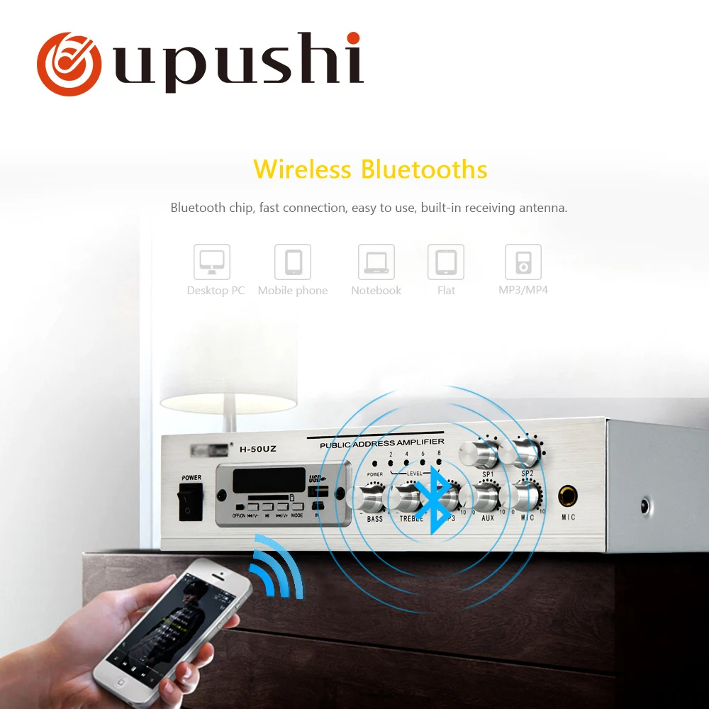 Oupushi pa system 50w home stereo amplifier bluetooth mini aduio amplifier small power amp with USB, SD card, FM