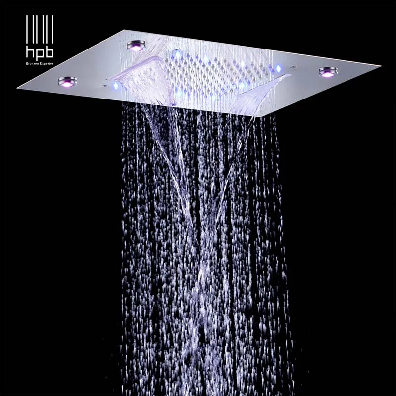 HPB wall mounted led 3 colors 3way rainfall waterfall shower faucets sets with thermostatic 3 function mixing valve 014-50x36P-N