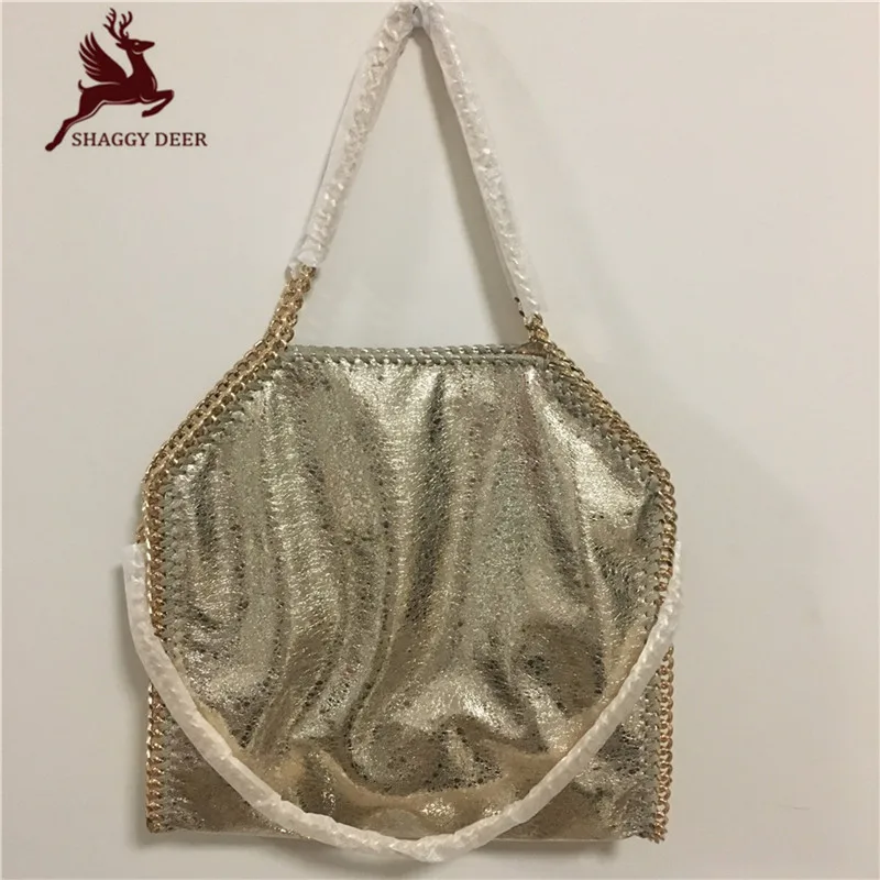 

Golden Crack PVC Luxury 3 Chain Shaggy Deer Handbag Fold-Over Ladies Bolsa Fala Chain bag