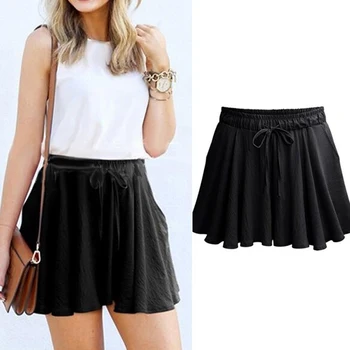 

Women Sexy Bow Casual Fit Elastic Waist Beach With String Women's Wide Leg Shorts High Waist Shorts Solid