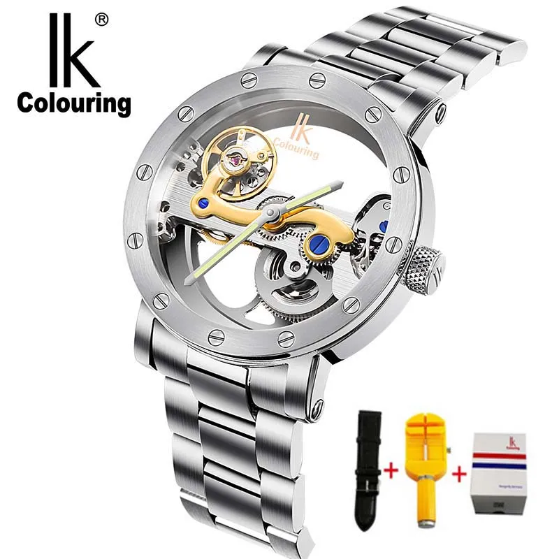 Marca de Luxo Relógio de Pulso 5atm à Prova Coloração Esqueleto Relógios Mecânicos Homens Dwaterproof Água Aço Inoxidável Relógio Masculino ik Oco