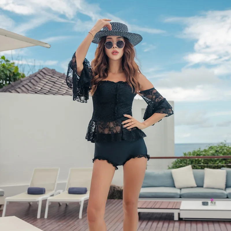 

Bikini Cintura Alta Swim Suits A Full Swimsuit For Women Women's Swimsuits Separate Lady's 2019 New Sexy Lace Long Sleeve Black