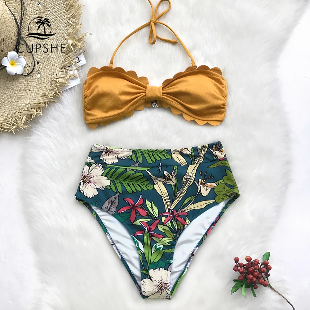 Comprar CUPSHE amarillo y Floral Tropical estampado de alta cintura Bikini conjuntos 2019 mujeres corazón cuello Halter dos piezas trajes de baño