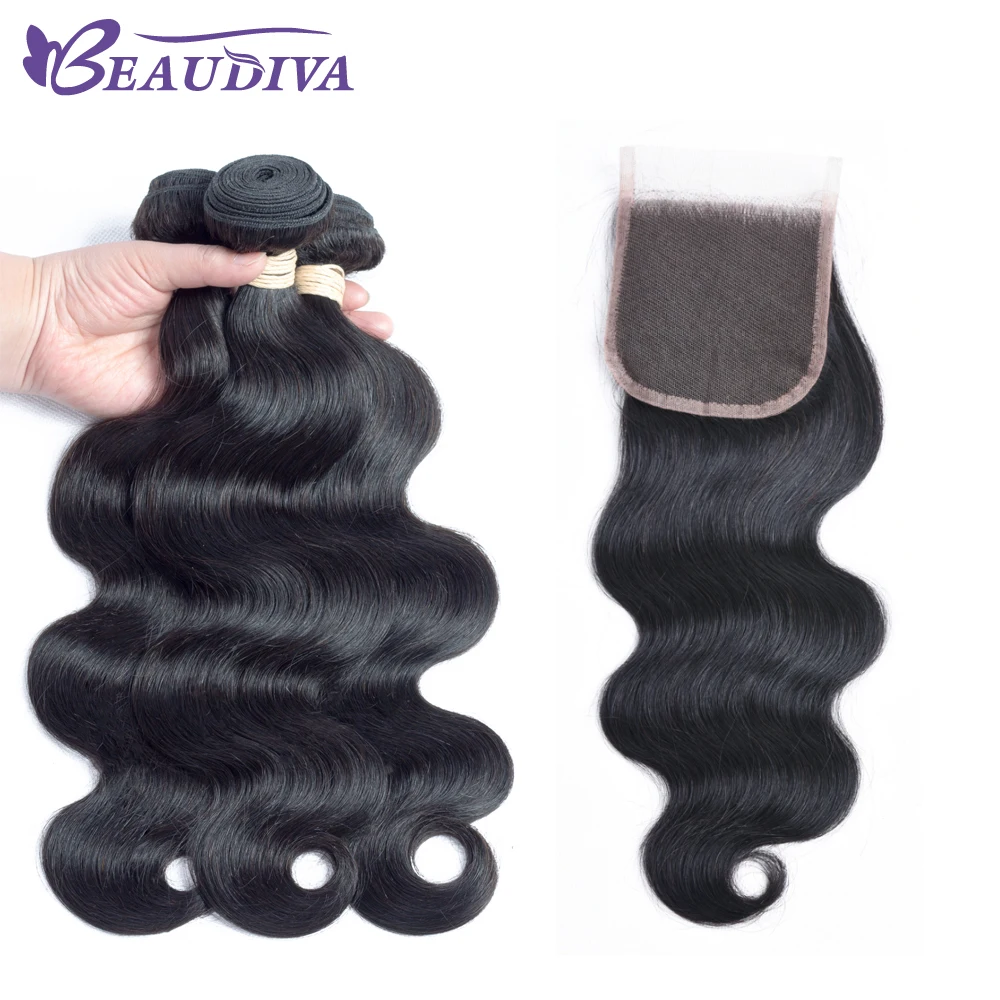 BEAUDIVA Pre-Colored 1# Jet Black Brazilian Body Wave Three Bundles with 4*4 Closure One Pack Non Remy Human Hair body-wave
