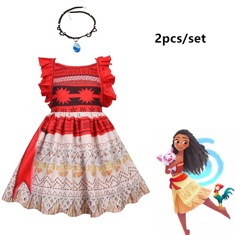 Одежда для маленьких девочек; платье принцессы для костюмированной вечеринки; Детские вечерние платья для девочек с надписью «Moana Vaiana» и ожерельем; костюмы для девочек с изображением поросенка и цыпленка - Цвет: 36011red-2pcs