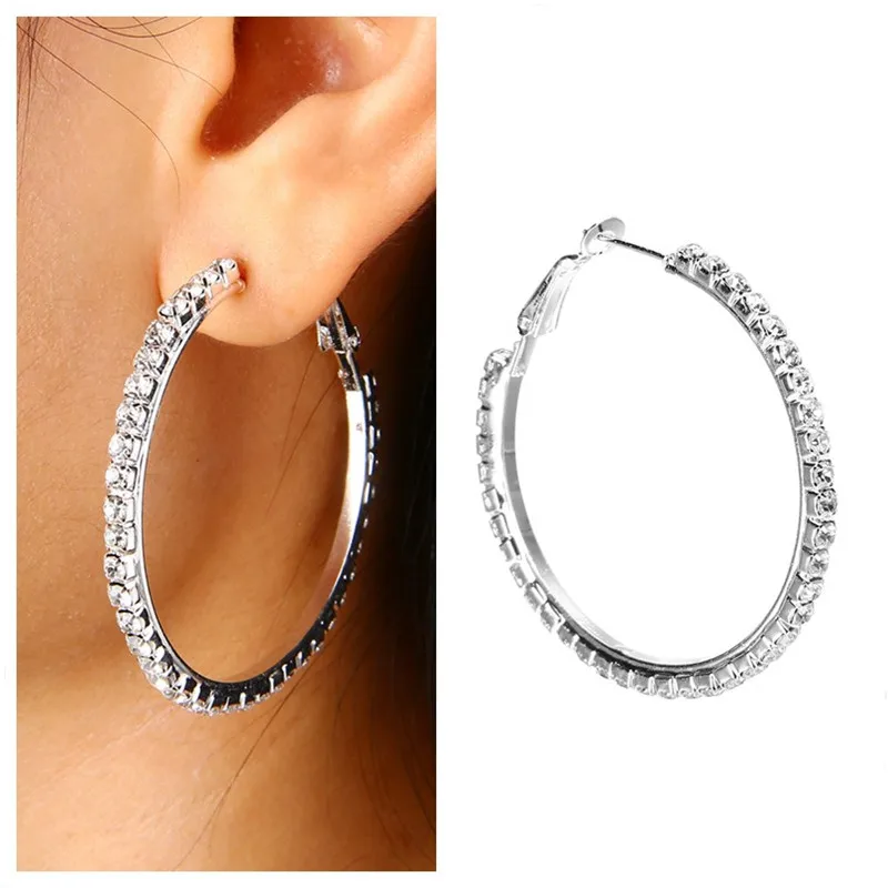 

Big Round Popular Earring with Rhinestone Simple Statement Large Circle Crystal Silver Plated Hoop Earring For Women Jewelry