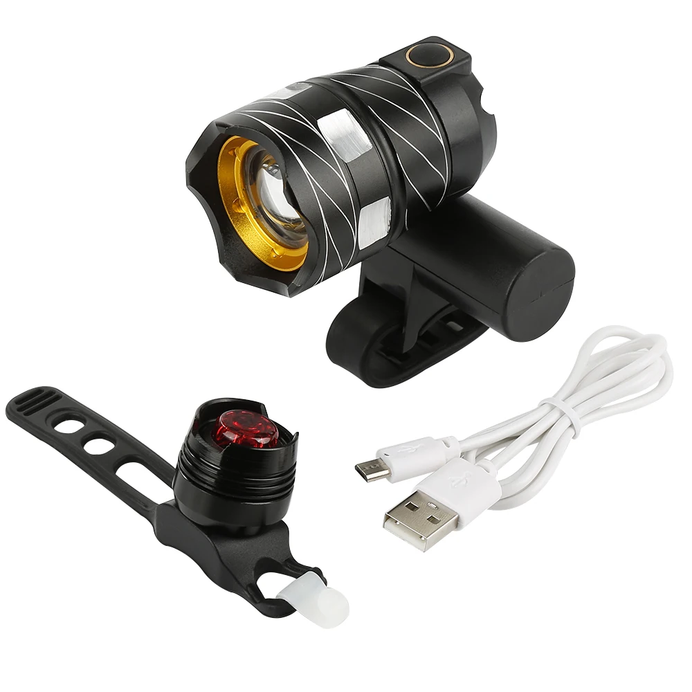 

Hign Quality New T6 LED Bicycle Light USB Charging Waterproof Safety Front Rear Lights Combination Black Ruby Taillight Suit