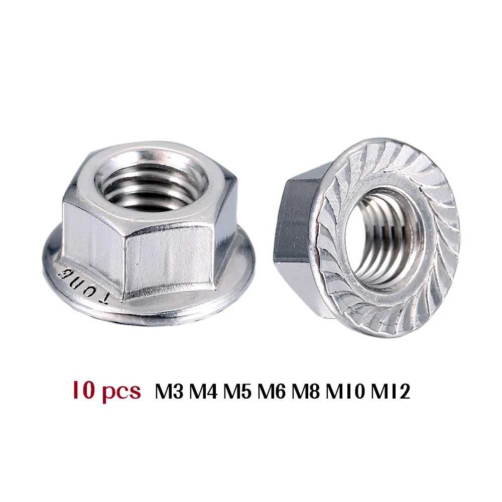

10pcs Hexagon Flanged Nuts M 3 M4 M5 M6 M8 M10 M12 To Fit Metric Bolts & Screws A2-70 Stainless Steel