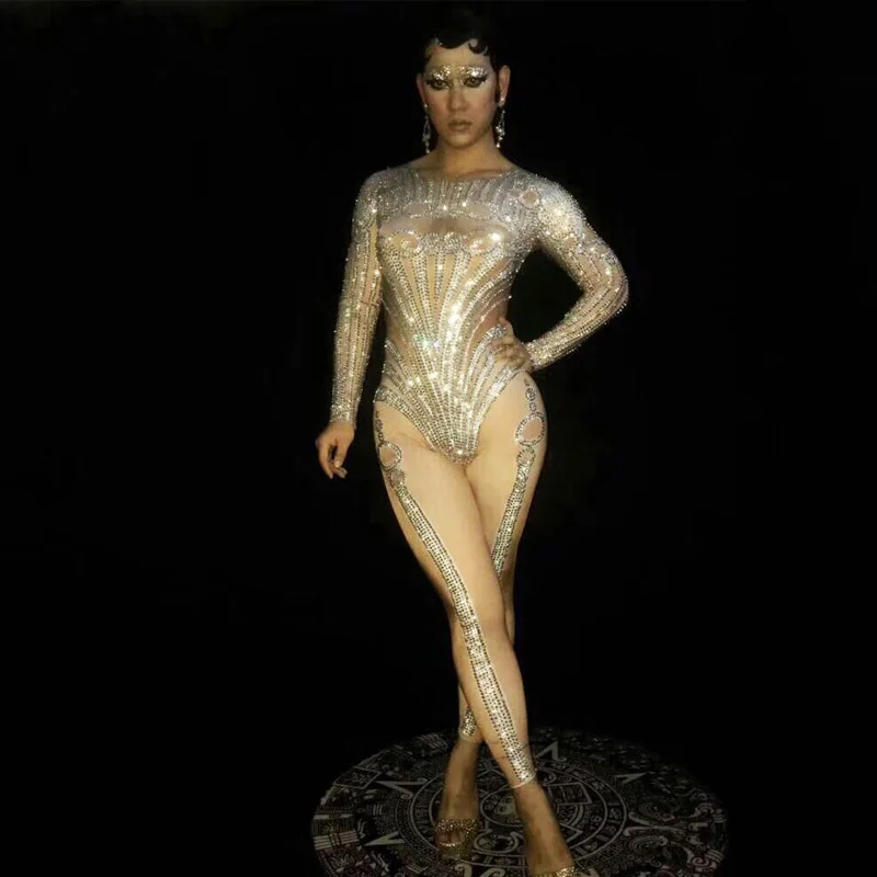 

new Sexy Full Silver Crystals Sparkly Jumpsuit Outfit Bodysuit Nightclub Nude Bodysuits Costume Female Singer Dance Wear