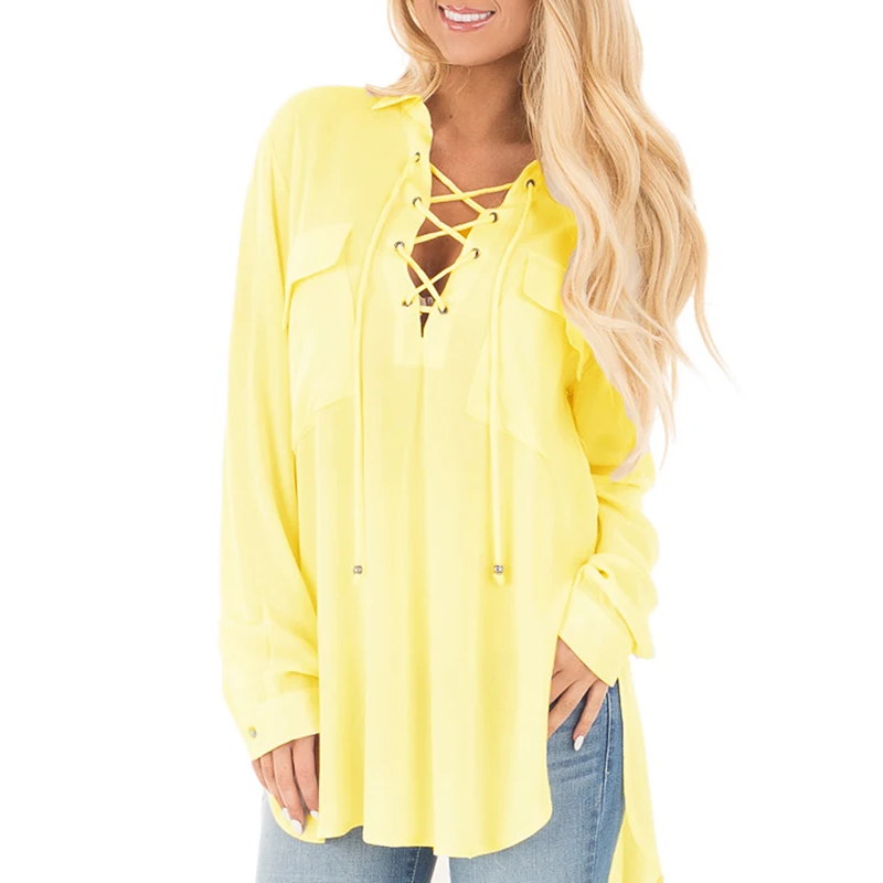 Women's Long Sleeve Lace Up Shirt Ladies Loose Casual Party Blouse Tops T-shirt