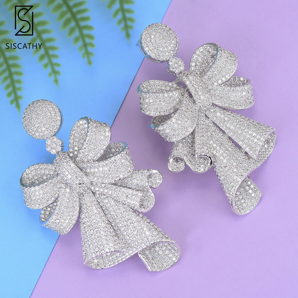 

42*75 mm Luxury Big Bowknot Cubic Zirconia Bridal Wedding Earrings Dangle Drop Earrings acero inoxidable joyeria mujer