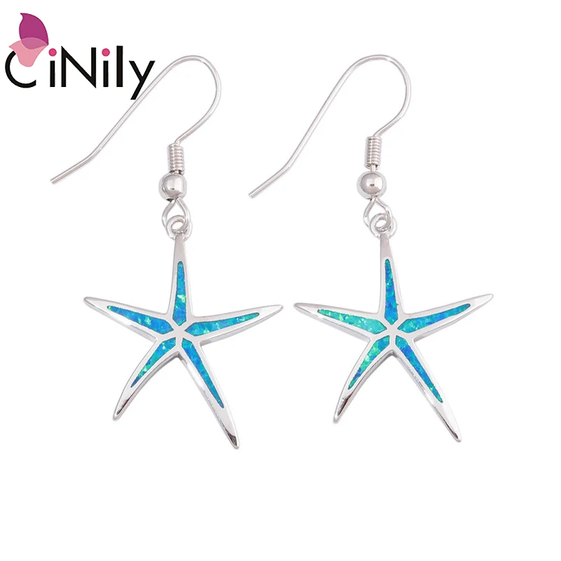 

CiNily 2019 Ocean Blue Fire Opal Sea Star Drop Earrings Silver Plated Starfish Animals Dangle Earring Summer Jewelry Woman Girl