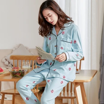 

High Quality Autumn Winter 100%Cotton Cartoon Long Sleeve Women Pajamas Set Turn-down Collar Cardigan Warm Female Pyjamas M-XXL