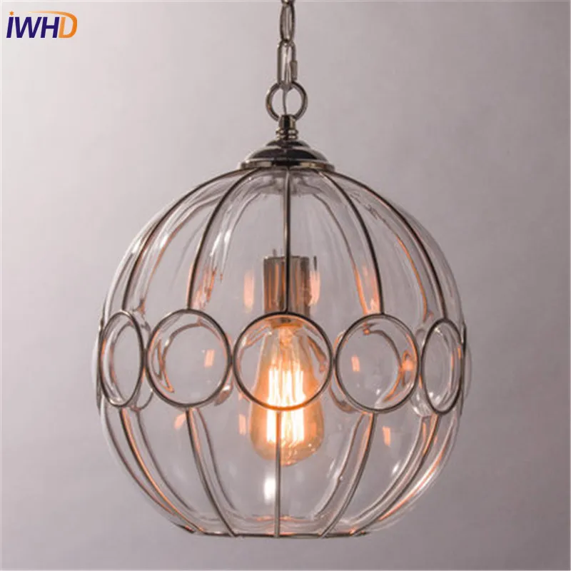 IWHD Loft Style Round Glass Edison Pendant Light Fixtures Iron Vintage Industrial Lighting For