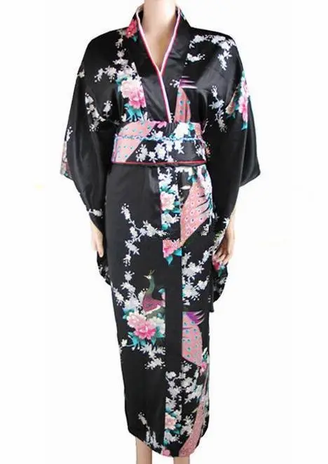 Новое поступление черное винтажное японское женское кимоно Haori Yukata шелковое атласное платье Mujeres Quimono Peafowl один размер H0030 - Цвет: Черный