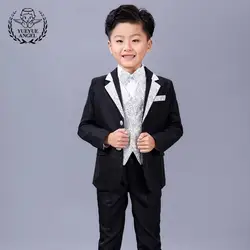 Свадьба мальчик костюм серебристый куртка черного цвета для мальчиков Детский костюм свадебные Однобортный детский Блейзер Детский