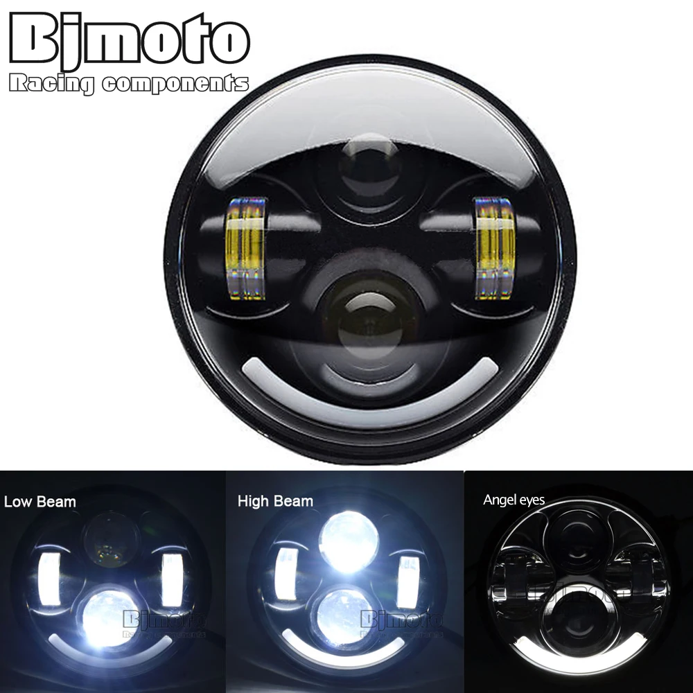 

BJMOTO 5 3/4" Motorcycle LED Headlight with Halo Angel Eye DRL LED Headlamp For Harley Sportster Iron 883 1200 Dyna Street Bob