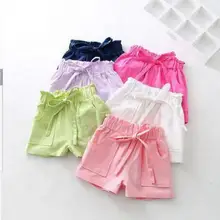 Летние Новинки для девочек ярких цветов из хлопка, однотонные, с большой карман с эластичной талией с высокой талией шорты модные брюки сколько дополнительный От 2 до 8 лет