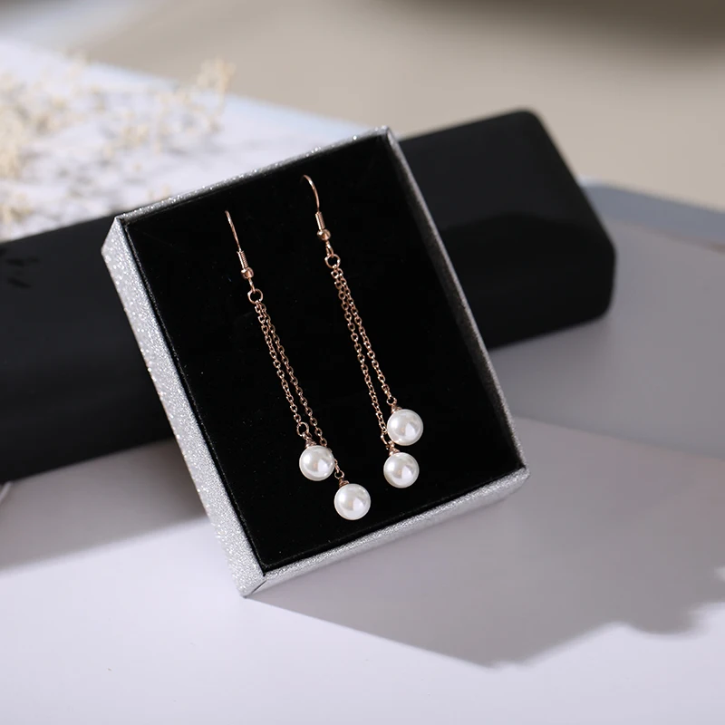 

YUN RUO Simple & Fashion Round Pearl Tassel Stud Earring Woman Rose Gold Color Titanium Steel Jewelry Birthday Gift Never Fade