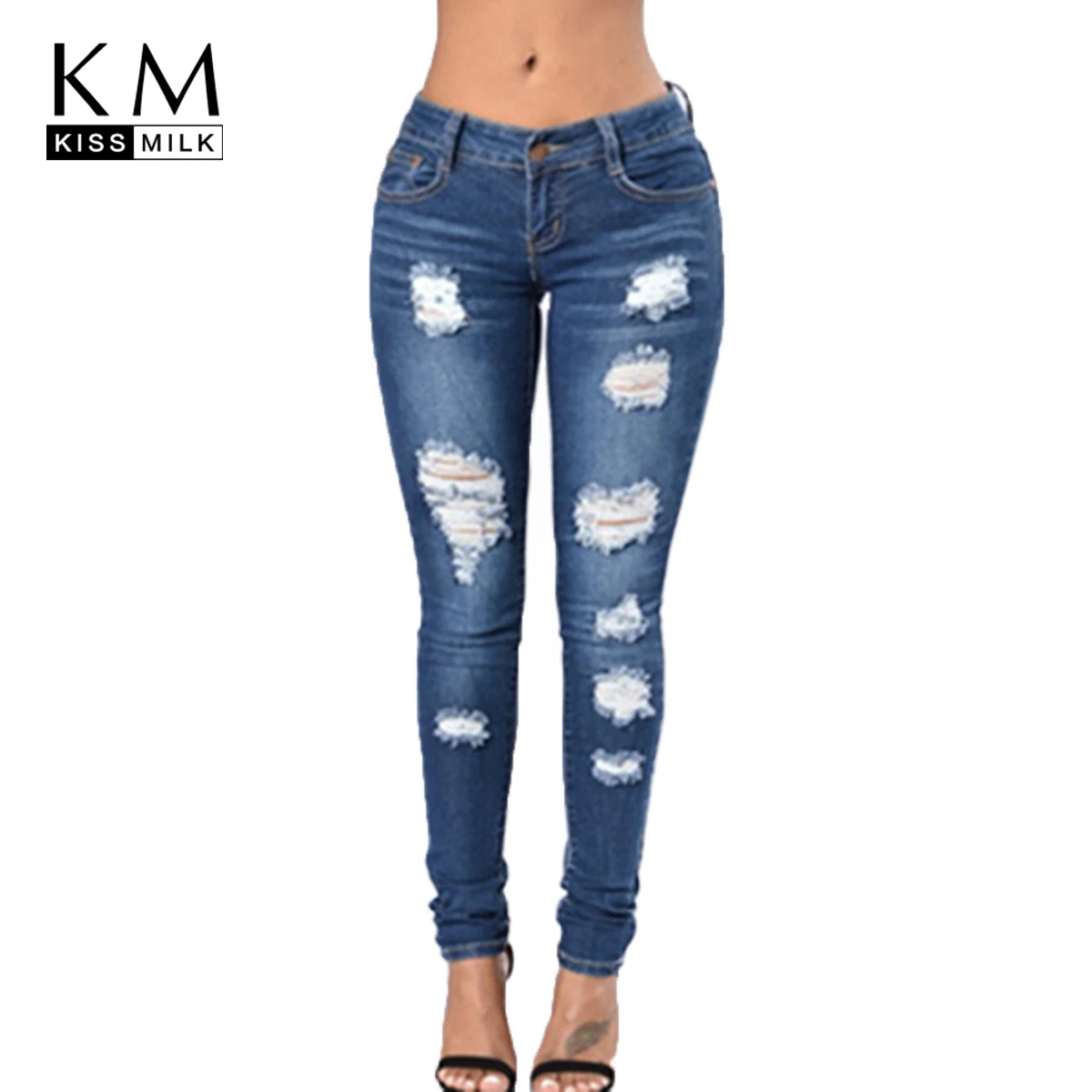 

kissmilk 2018 Autumn Solid Blue Women Jeans Hole Bleached Low Waist Zipper Fly Female Clothing Skinny Casual Lady Pencil Pants