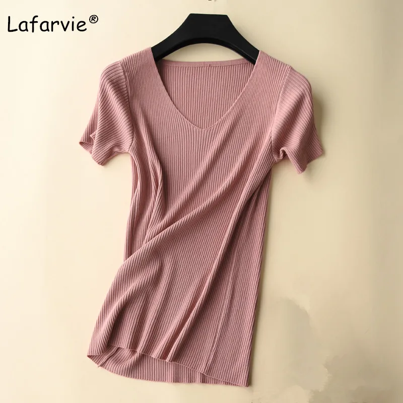 

Lafarvie Slim V-neck Knitted Sweater Women Summer Short Sleeve Solid Color Soft Comfortable Female Pullover Casual Knit jumper