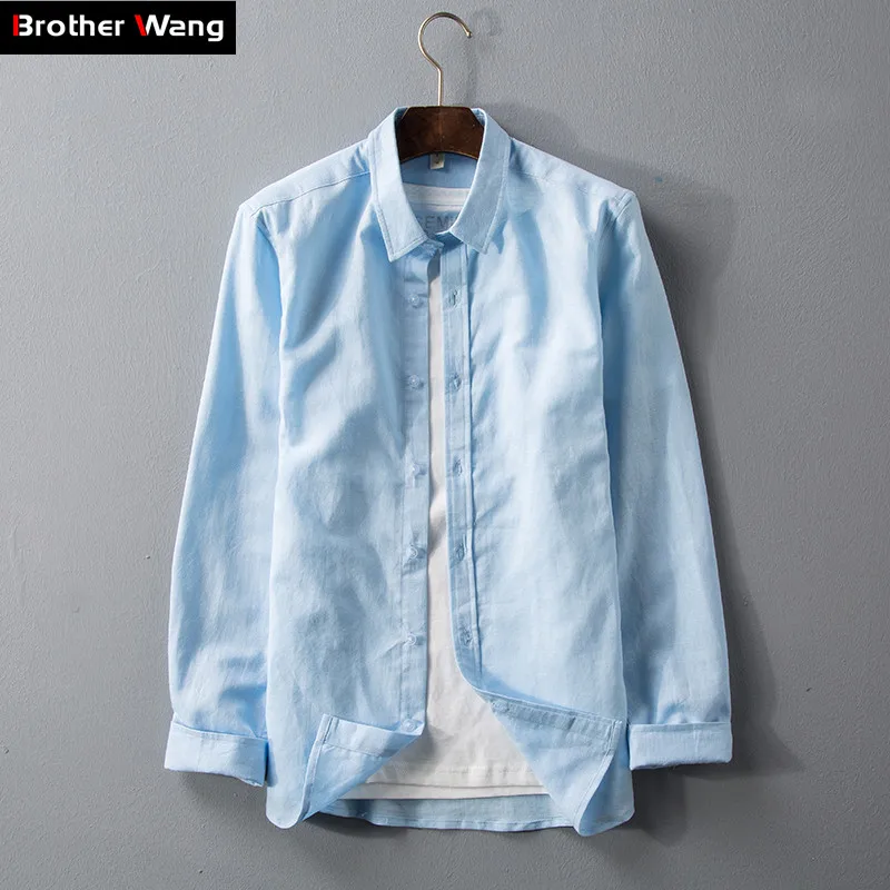 

Men's Sky Blue Linen Shirt 2019 Autumn New Classic Style Fashion Casual Slim Fit Long Sleeve White Shirt Male Brand Clothes