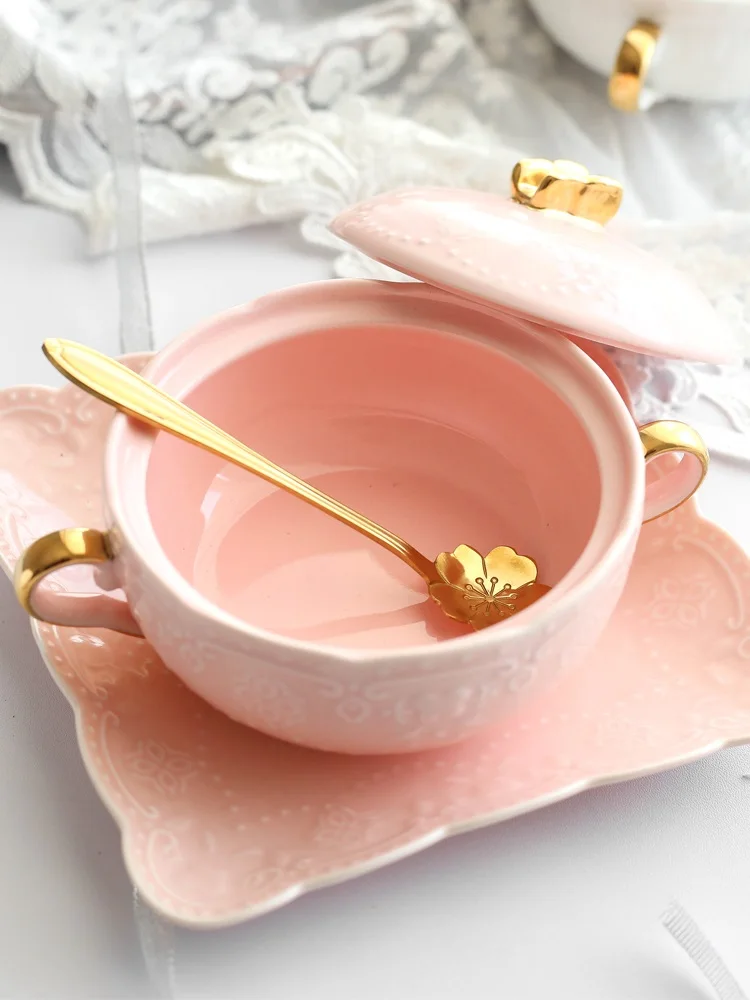 Птичье гнездо миска для десерта столовые приборы золотой край двойное ухо l керамическая крышка тушеная чашка tremella миска для супа чаша