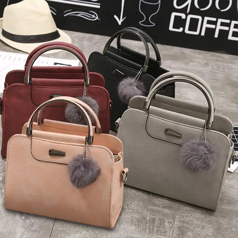 

Fashion Women Messenger Bag Leather Plush Ball Solid Color Zipped Semicircle Handle Shoulder Bags Ladies Handbag BS88