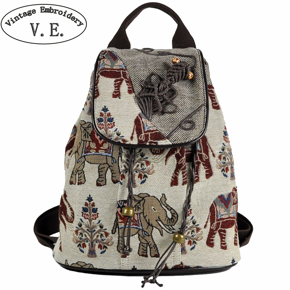 

Vintage Embroidery Ethnic Backpack Ladies Elephant Canvas Backpacks Travel Rucksack Schoolbag Women Mochila