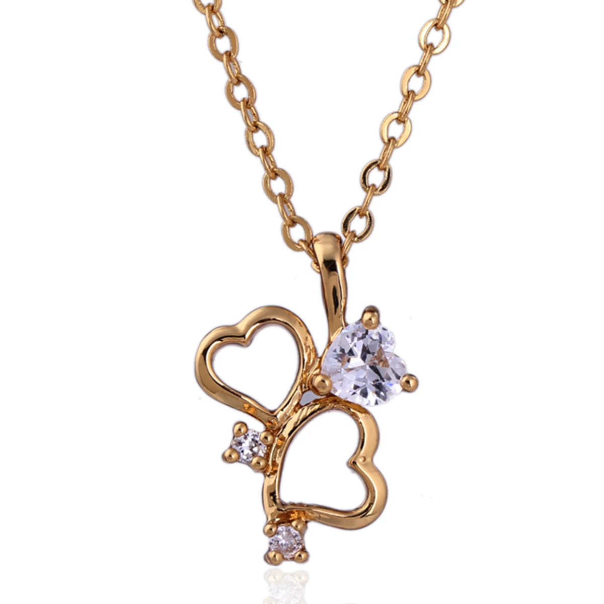 Twin Heart Shaped Gold Pendant Necklace with Austrian Zircon (Silver