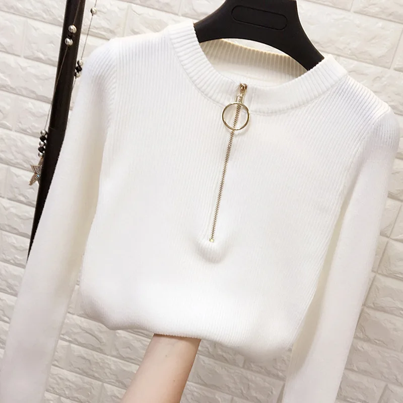 

Women Warm Bottom Shirts Short Boss Collar With Ring loop Sweater Kintting Slim Zipper Ladies Girl Long Sleeves Pullover Tops