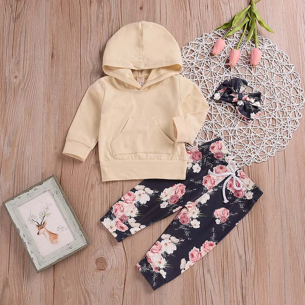 

New 3PCS Toddler Kids Baby Girls Long Sleeves Solid With Pocket Hooded Sweatshirt Tops+Floral Pants+Headbands Clothes Outfit Set