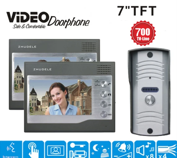 

ZHUDELE High Definition Wired Video Door Phone Intercom System for Multiply Villa rooms One Camera+2 Monitors