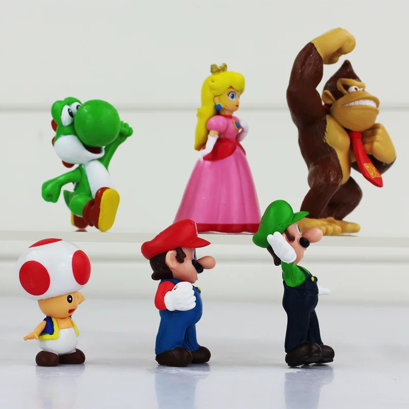 6Pcs/Lot Super Mario Bros Figures Mario Luigi Yoshi Toad Mushroom Princess Peach Donkey Kong Model Toys Dolls Kid Gift