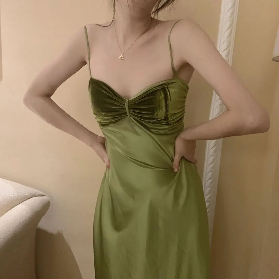 

Velvet Dress Women Vintage Stitching Sleeveless Spaghetti Strap Long Dress 2019 New Female Sexy Dress Fashion