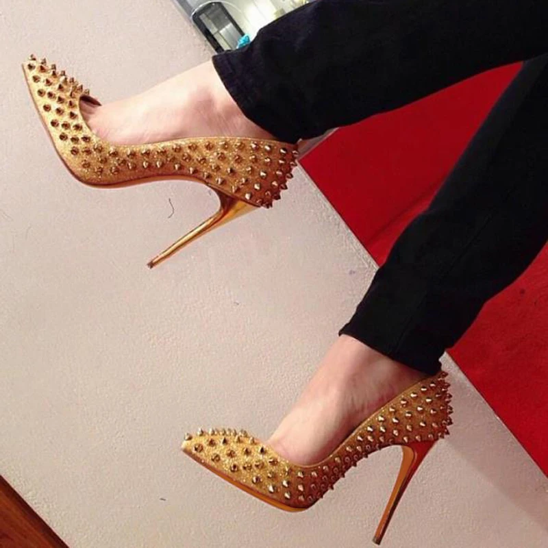 

Fashion Gold Glitter Embellished High heel Shoe 2019 Sexy Pointed Toe Rivets Studded Woman Pumps Thin Heels Wedding Heels