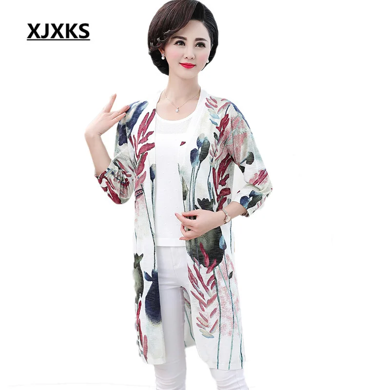 

XJXKS Women's summer sun protection clothing cardigan 2019 new fashion V-neck high quality linen thin knitted women's cardigan
