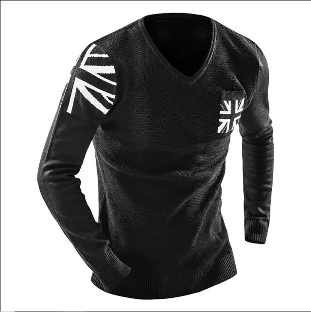 

High quality Fashion Stylist Style men's V-Neck Union jack printing long sleeve pullovers jacquard casual Slim knit sweater