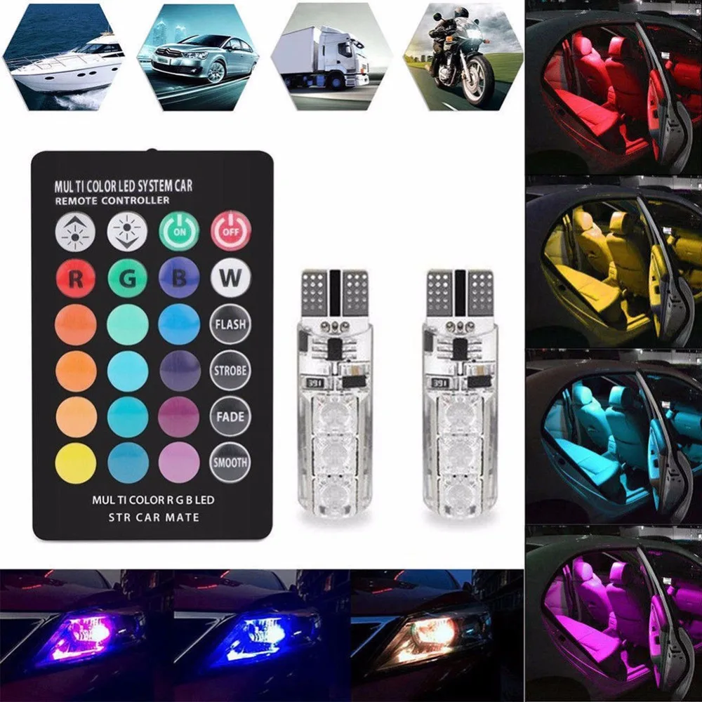 

Universal 2PCS 6SMD T10 5050 RGB Car LED Light Interior 194 W5W W16W Auto Signal Lamp Reading Wedge Light bulbs Remote Control